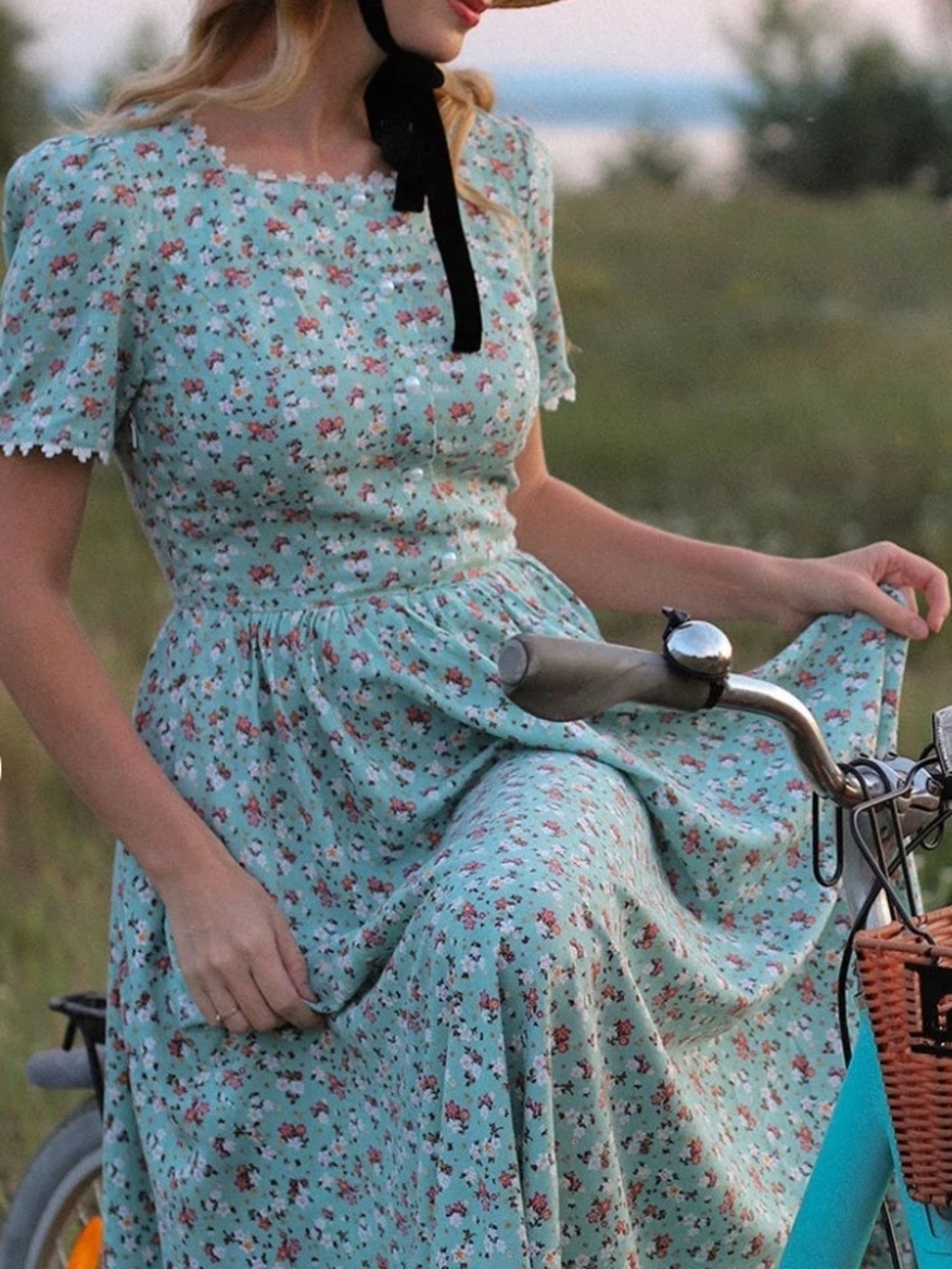 Cottagecore Mint Green Floral Linen Dress